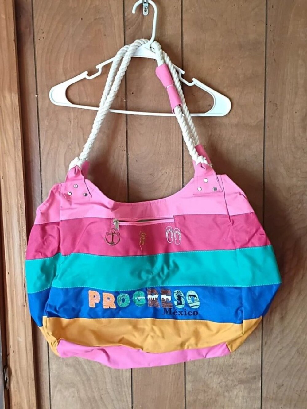 Striped Multicolor Shoulder Bag Rope Strap Zip Top “Progreso Mexico” Beach